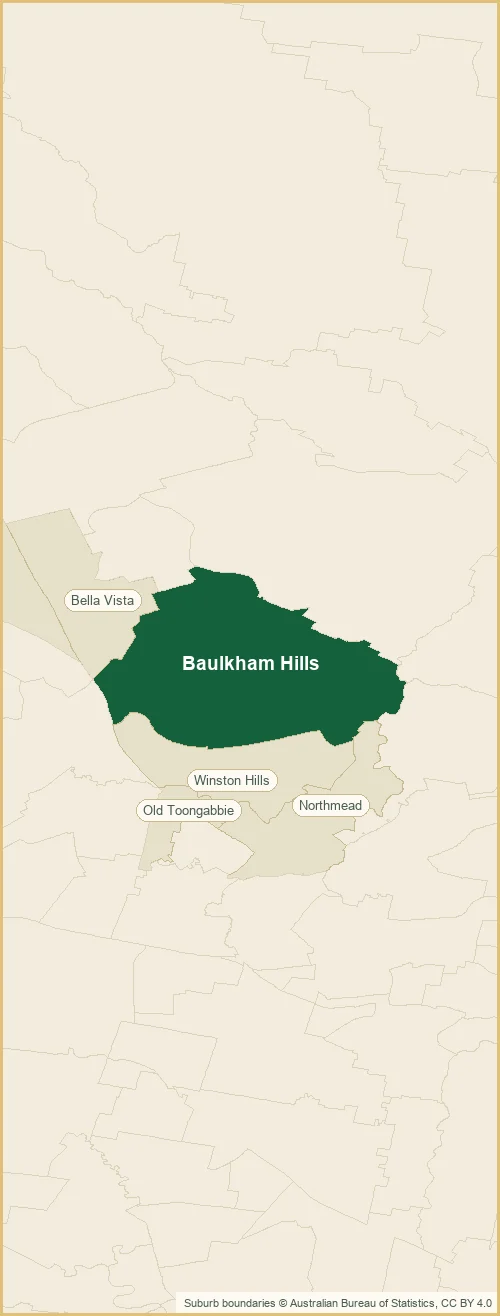 Map of the Baulkham Hills plumbing service area, covering Bella Vista, Glenwood, Northmead, Old Toongabbie and Winston Hills