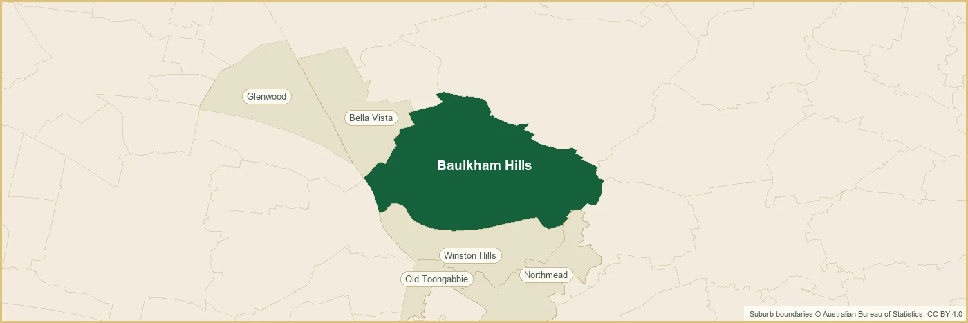 Map of the Baulkham Hills plumbing service area, covering Bella Vista, Glenwood, Northmead, Old Toongabbie, Winston Hills, Bella Vista, Glenwood, Northmead, Old Toongabbie, Winston Hills, Bella Vista, Glenwood, Northmead, Old Toongabbie, Winston Hills, Bella Vista, Glenwood, Northmead and Old Toongabbie